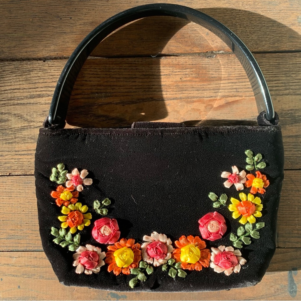 Vintage Talbots black velvet ribbon floral accented hard handle handbag